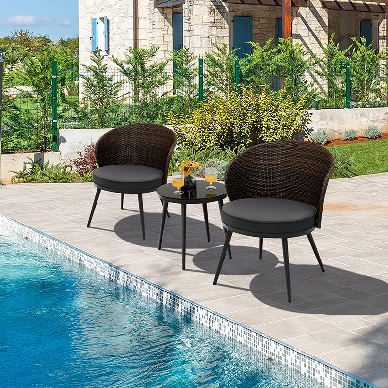 3 Pieces Patio Rattan Bistro Set with 2 Seat Cushions and Tempered Glass Tabletop Outdoor Lounge Chair Coffee Table Set 
3 Pieces Patio Rattan Bistro Set with 2 Seat Cushions and Tempered Glass Tabletop Outdoor Lounge Chair Coffee Table Set