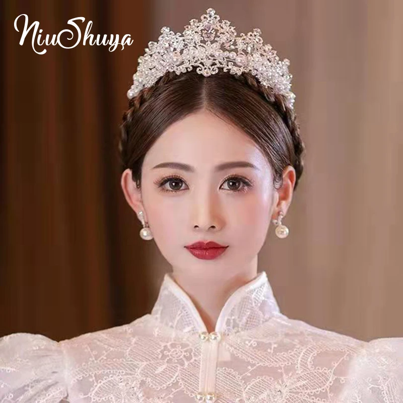 

NiuShuya Baroque Luxury Crystal Pearls Bridal Tiaras Crown Rhinestone Pageant Diadem Headbands Wedding Hair Jewelries