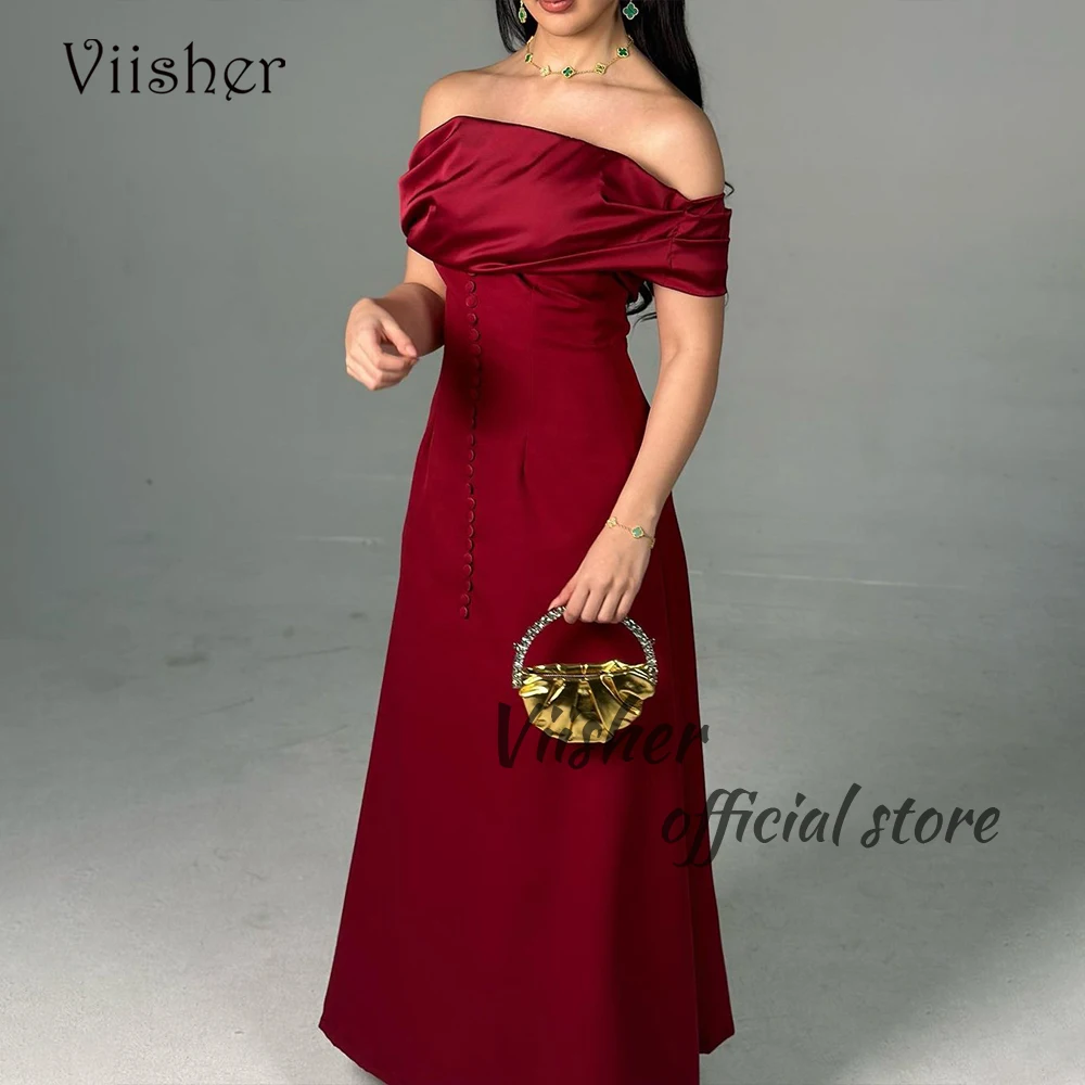 

Viisher Wine Red Satin Evening Dresses Off Shoulder Strapless A Line Formal Dress Floor Length Arabian Dubai Evening Prom Gown