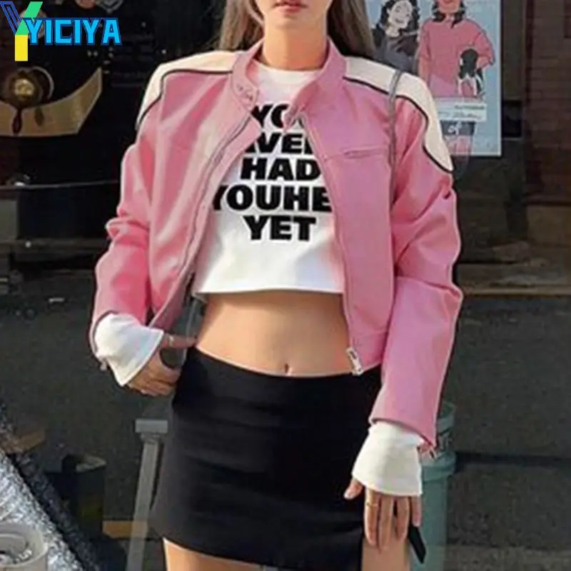 

YICIYA pink Leather Jacket Bomber Woman Varsity Long Sleeves Bombers American Vintage Motorcycle Jackets new short Coats 2024