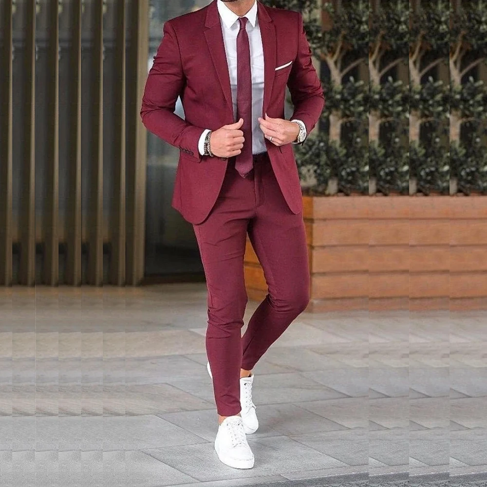 

STEVDITG Burgundy Men's Suits Flat Tailor-made Notched Lapel Single Breasted Skinny 2 Piece Jacket Pants Slim Fit Outfits Blazer