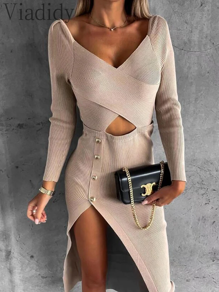 

Women Casual Solid Color Deep V Neck Crisscross Cutout Knitted Long Sleeve High Slit Dress