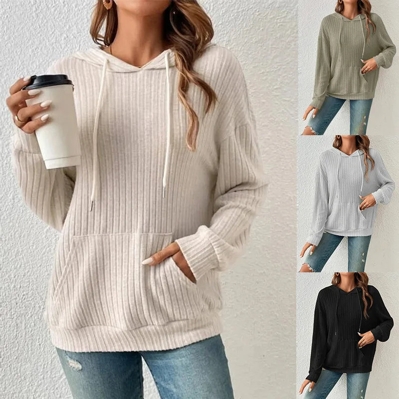 

2023 Autumn New Popular Women's Clothing Long Sleeve Round Neck Sweater Hooded Kangaroo Pocket Casual Solid Polyester Tops