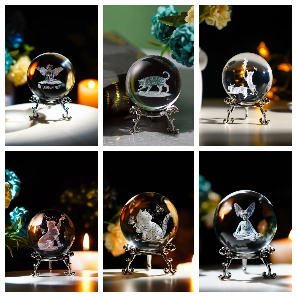 

H&D 6 Style 3D Cat Crystal Ball Decor for Home Glass Laser Engraved Cat with Stand Crystal Cat Gifts for Cat Lovers Women Kids