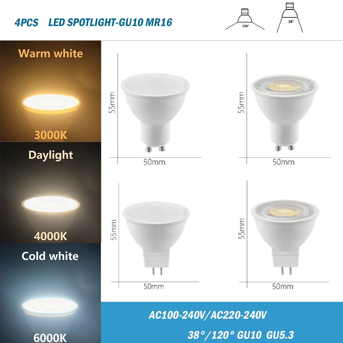 

4PCS LED Spotlight GU10 GU5.3 AC220V/AC100-240V 3W-8W 38 120 degree high lumen warm white light replace 50W 100W halogen lamp