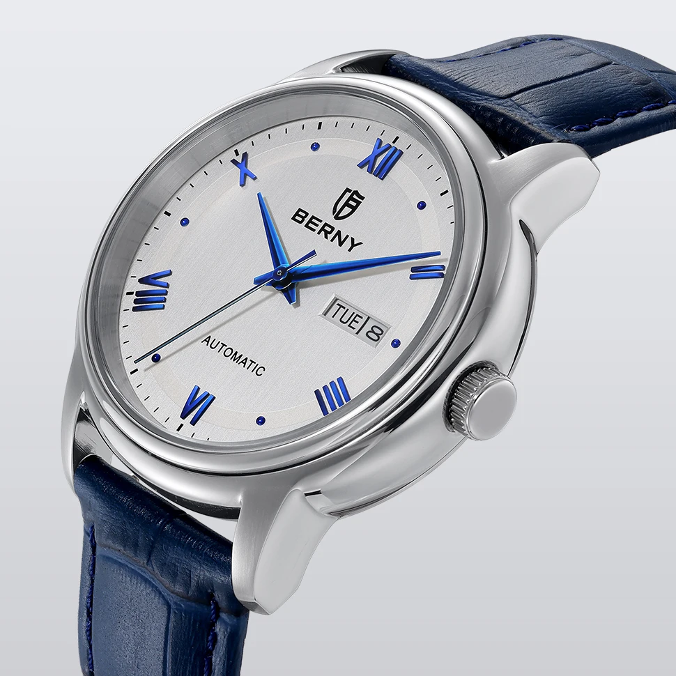 

BERNY Men's Mechanical Watch MIYOTA 8205 Movement Easy-to-read Date Calendar Leather Strap Sapphire Glass 5ATM Waterproof