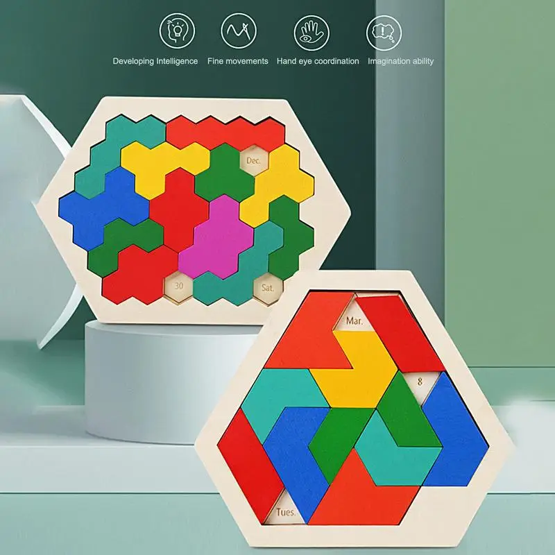 

Wooden Hexagon Puzzle Shape Pattern Blocks Tangram Puzzles Brain Teaser Puzzles Challenge Toy Geometry Logic IQ Montessori Toys
