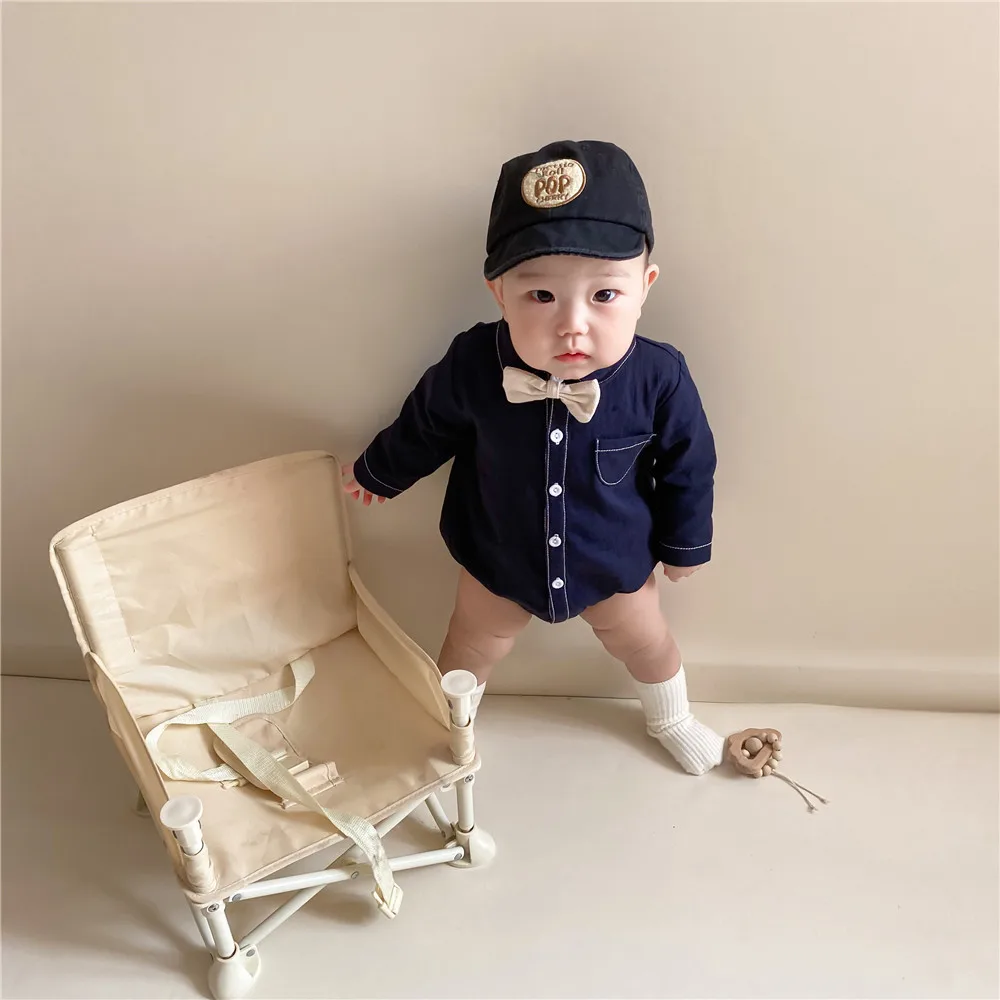 

2024 Spring Autumn Baby Boys Romper Cotton Turn Down Collar Long Sleeve Jumpsuit Patched Bowknot Tie Single Breasted Kids Outfit