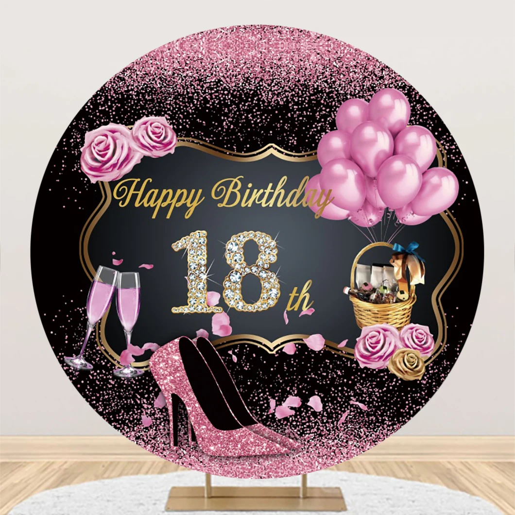 

Laeacco Pink Glitter Balloons High Heels Girls 18th Birthday Circle Background Princess Portrait Customized Photography Backdrop
