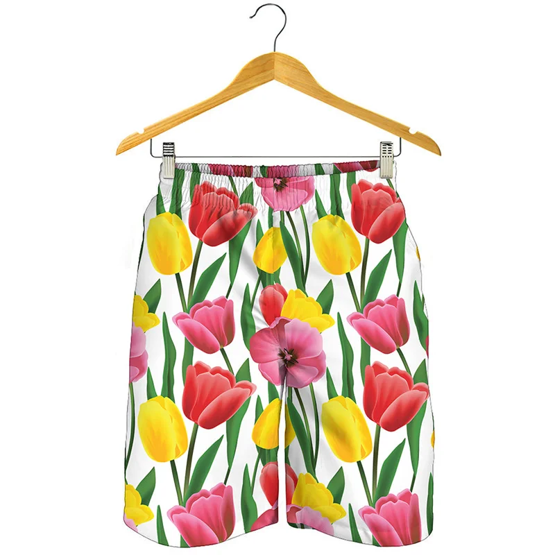 

Colorful Tulip Floral Graphic Beach Shorts Men 3D Print Plants Flower Short Pants Surf Board Shorts Summer Quick Dry Swim Trunks