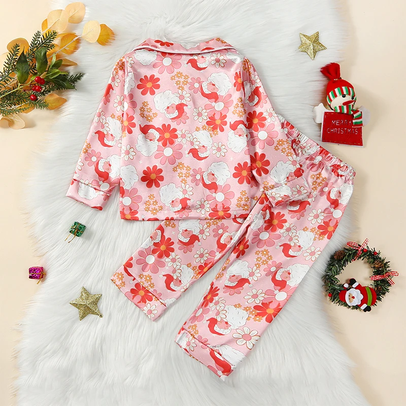 

Рождественская Пижама для маленьких девочек, топ с длинными рукавами и отложным воротником с мультяшным принтом Санта-Клауса, штаны с эластичным поясом, одежда для сна