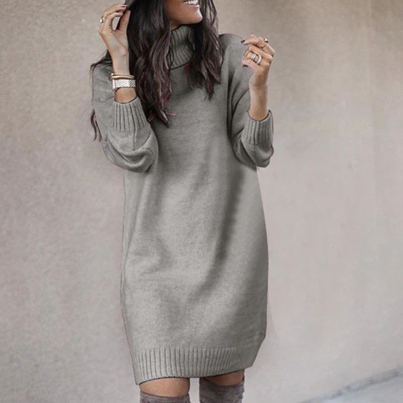 

Осенне-зимнее вязаное платье-свитер с высоким воротником, женские повседневные пуловеры с длинным рукавом, платья, женские теплые свободные платья