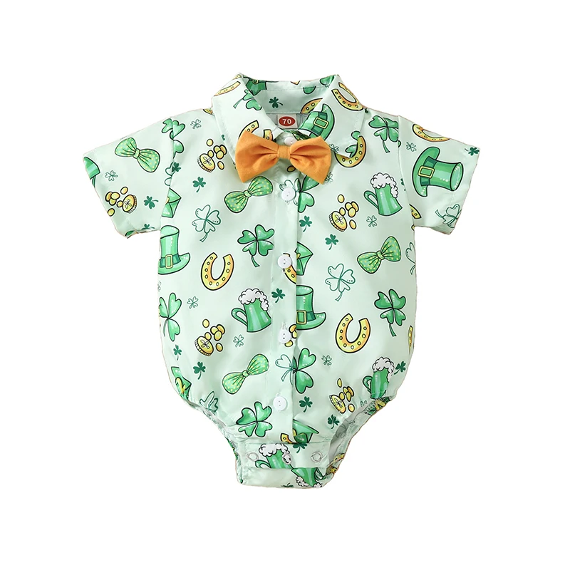 

Baby Boy Clothes St Patrick Day Suit Bowtie Clover Romper Bodysuit Gentleman Dress Outfits