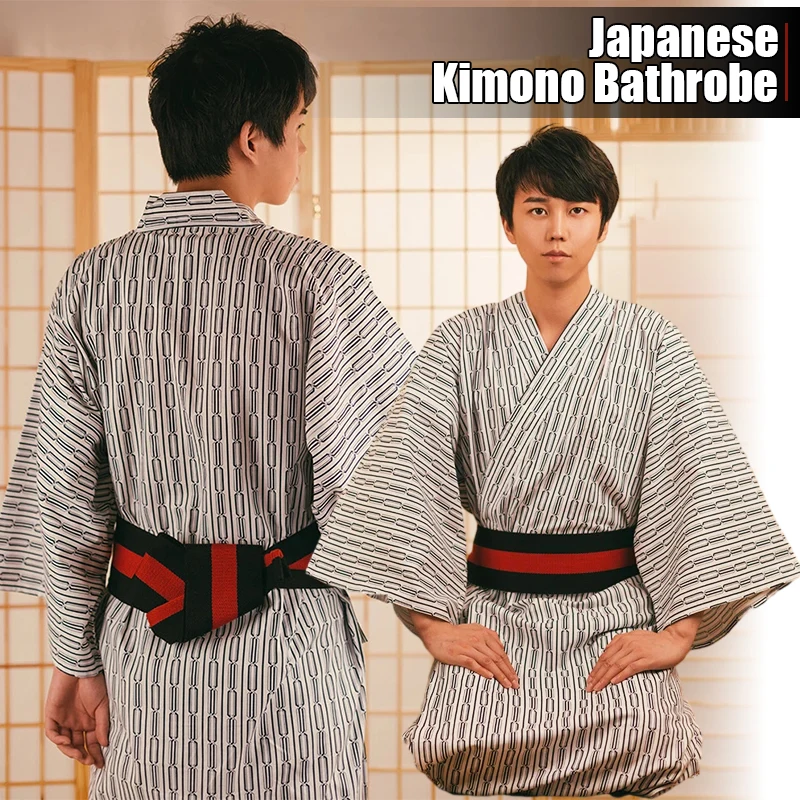 

Japanese Kimono Bathrobe Men Traditional Lining Samurai Pajamas Nightrobe Men Yukata Bathing Robe Sauna Homewear Belt Long Gown