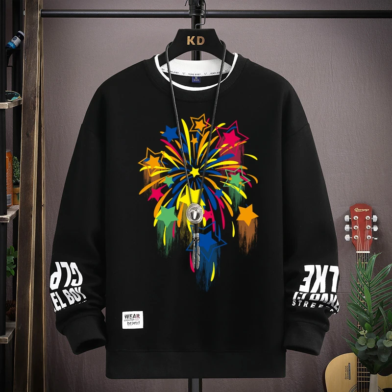 

Autumn Men's Sweatshirt Fireworks Printed Long Sleeve T-shirt Fashion Men's Clothes Khaki O Neck Harajuku Exclusive Design Top