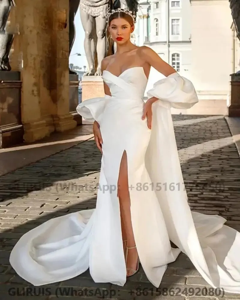 

Strapless Mermaid Wedding Dress High Slit Bridal Gown Backless Satin Detachable Train Civil Vestidos De Novia