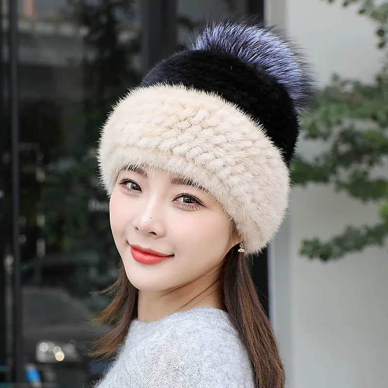 

Women's Winter Mink Fur Knitted Hat Real Fur Beanie Caps With Fox Fur Ball Pom Poms