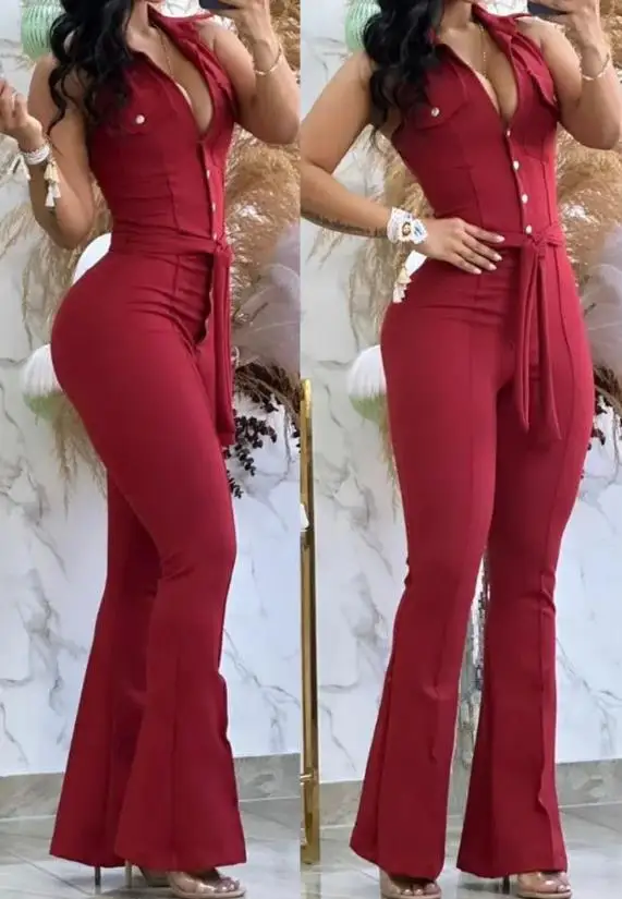 

Women's Charming Jumpsuit 2024 Latest Sexy Plunge Velvet Turn Down Collar Sleeveless Flared Button Tied Detail Skinny Jumpsuit