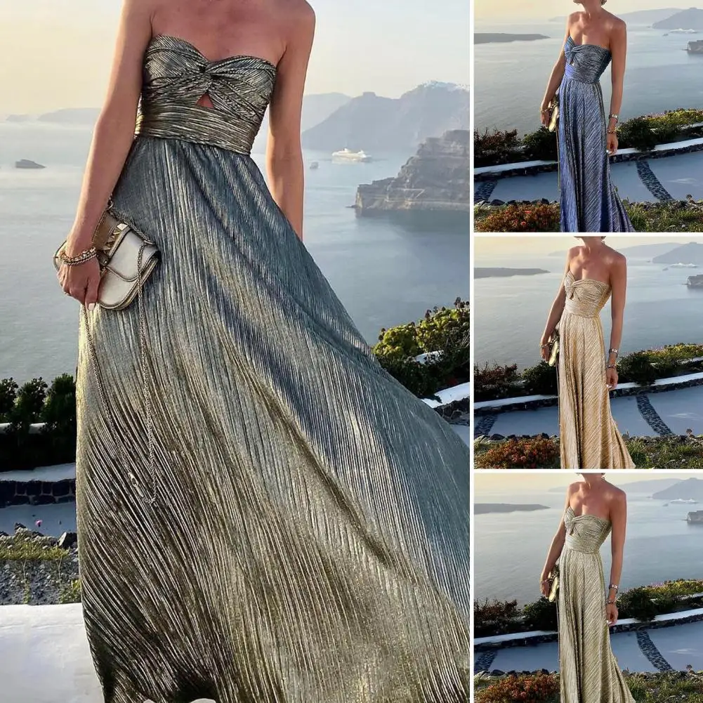 

Bronzing Backless Large Hem Maxi Dress Knot Chest Wrapping Off Shoulder Gown Dress Female Clothing
