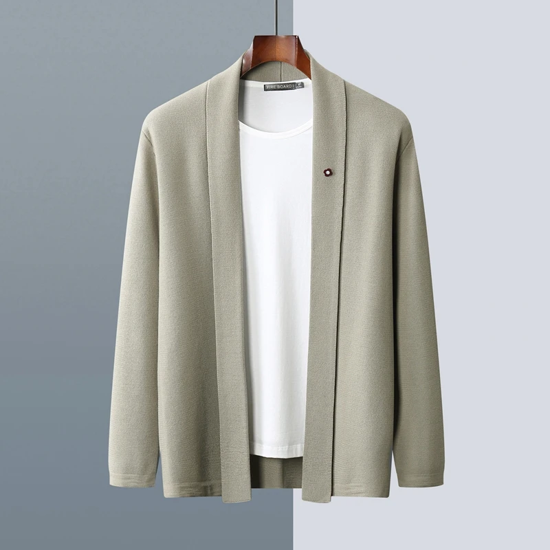 

Wool cardigan men's olive collar solid color long sleeve casual knitting sweater loose wool coat in autumn and winter