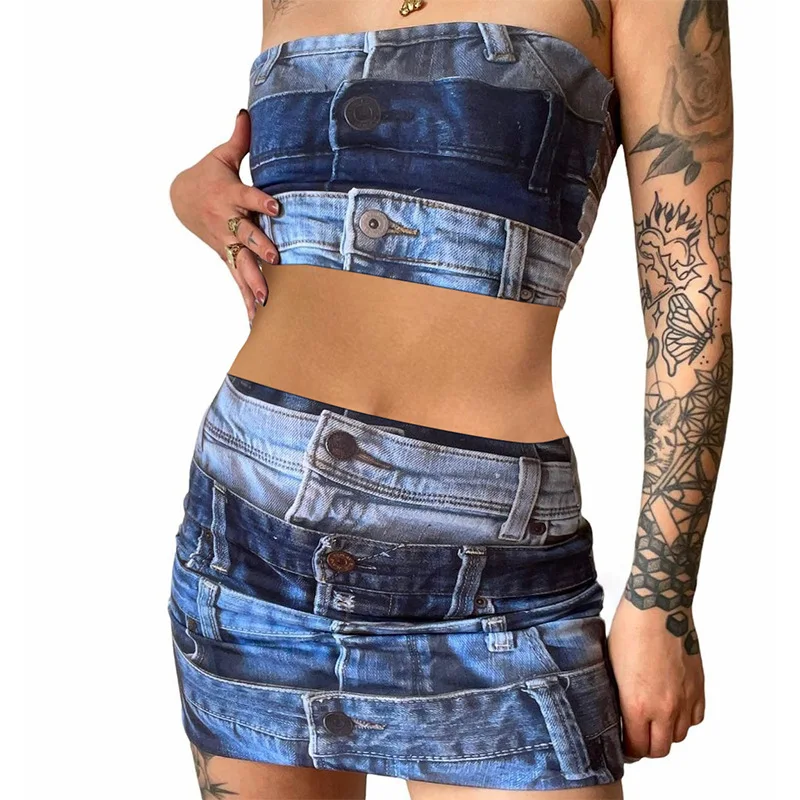 3D Faux Denim Print Women Dress Set 2 Piece Y2K Outfits Sexy Tube Top + Mini Skirts Two Piece Night Club Party Wear Matching Set
3D Faux Denim Print Women Dress Set 2 Piece Y2K Outfits Sexy Tube Top + Mini Skirts Two Piece Night Club Party Wear Matching Set