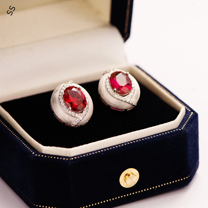 

High Sense Lady Fashion S925 Brushed Silver Earring Studs Synthetic Red Corundum and Inlaid 5A Grade White Zircon Gemstone Fine