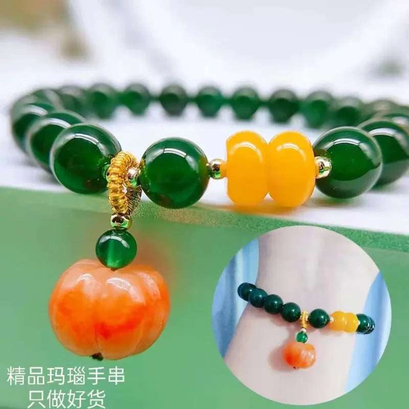 

Pure Natural Green Agate Bracelet Female Yellow Chalcedony Gold Silk Jade Pumpkin Pendant Single Circle Girlfriends Handstring