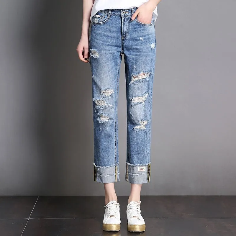 

2023 Jeans Woman Denim Ripped Pants Femme Loose Trousers Korea Wide Leg Straight Hole Broken Jeans Boyfriend Streetwear