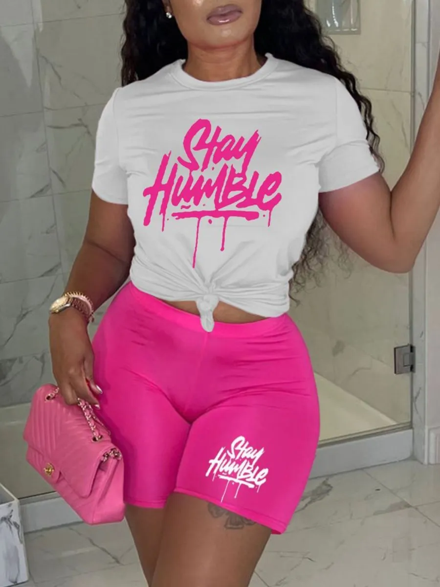 

LW Letter Stay Humble Print Two Pieces Shorts Set Casual Short Sleeve Crew Neck Top&Skinny Matching Bottoms 2 Pieces
