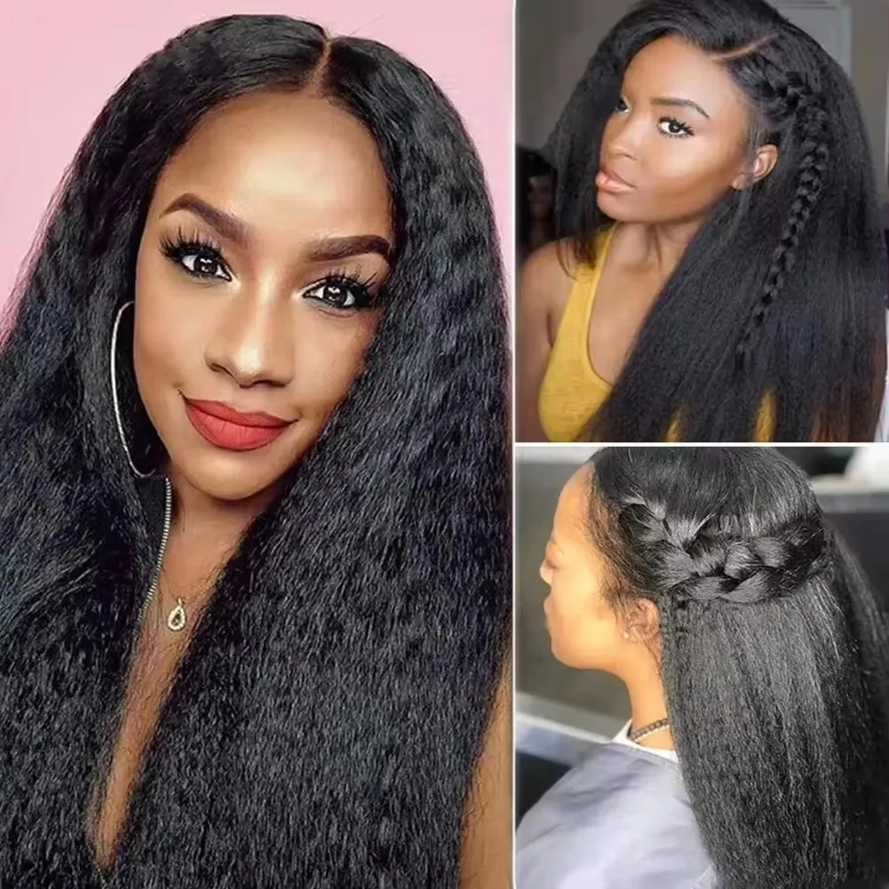 

Put on and Go Yaki Straight With Afro Curly Baby Hair 4X4 HD Lace Closure Human Hair Wigs Natural Hairline Kinky Straight Wig