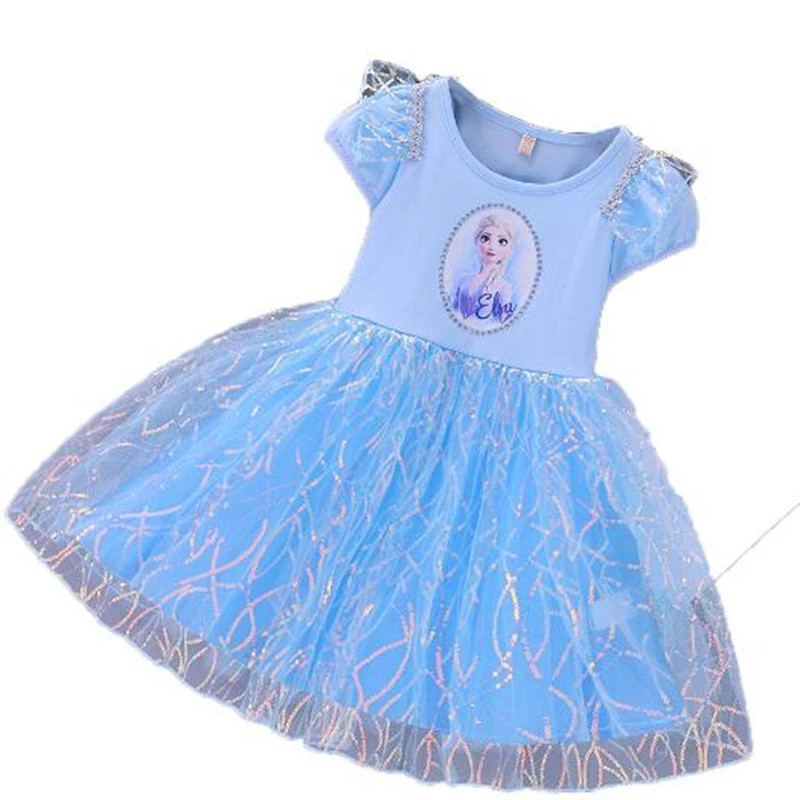 

New Baby Girls Summer Princess Dresses Kids Cartoon Frozen Elsa Toddler Short Sleeve Clothes Party Wedding Mesh Dress Tops 3-10Y