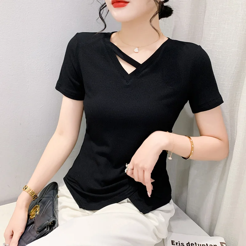 #6915 Short T Shirt V-neck Sexy Irregular Short Sleeve T Shirt Women Sexy Streetwear Tshirt Elastic Cotton Skinny Tee Summer2023
#6915 Short T Shirt V-neck Sexy Irregular Short Sleeve T Shirt Women Sexy Streetwear Tshirt Elastic Cotton Skinny Tee Summer2023