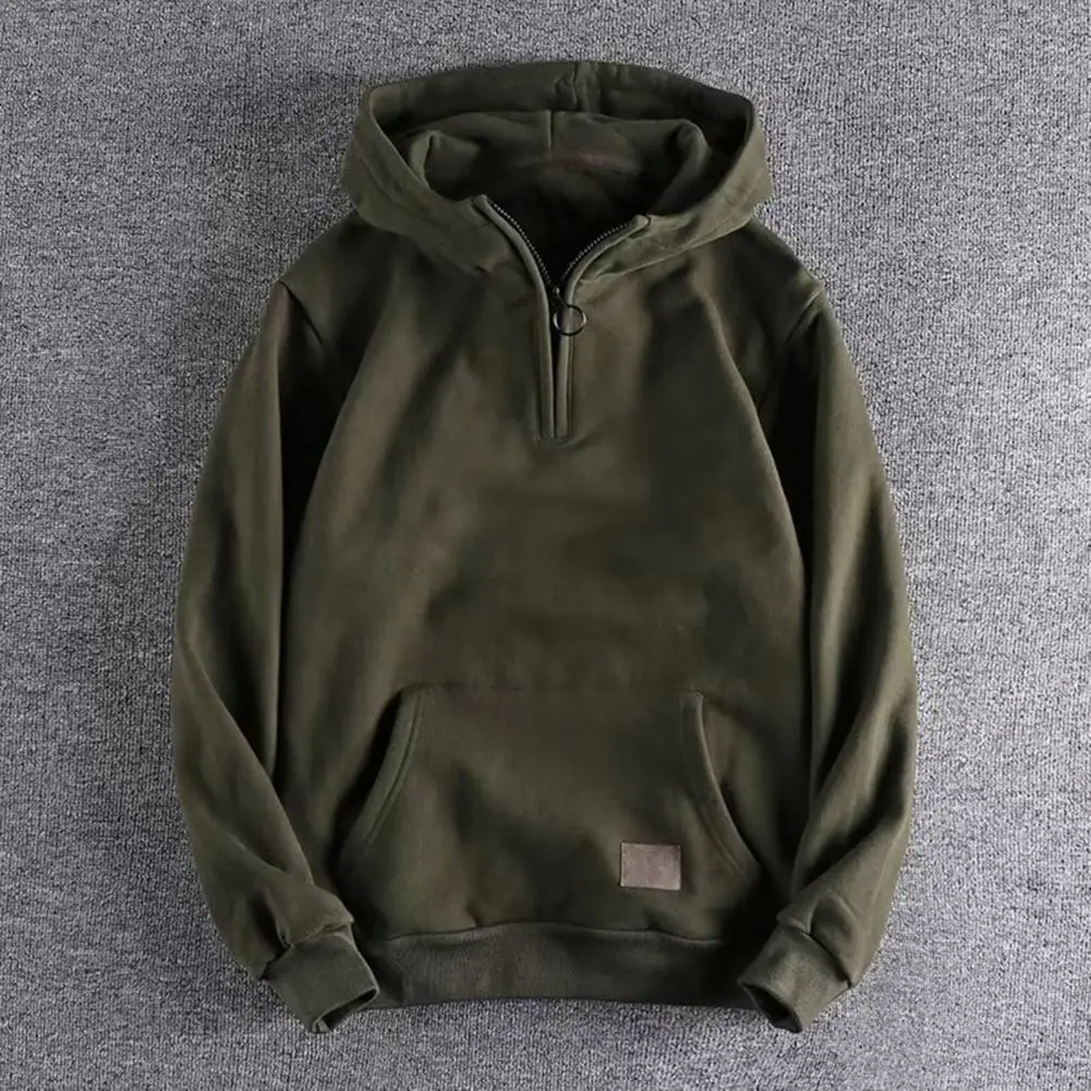 

Men Hoodie Men's Thickened Hooded Zipper Hoodie with Big Pocket Elastic Cuff for Autumn Winter Streetwear Style Solid Color