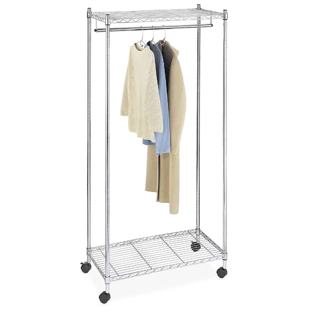 

Double Shelf Rolling Garment Rack Portable Clothes Hanger Metal Chrome Freight Free