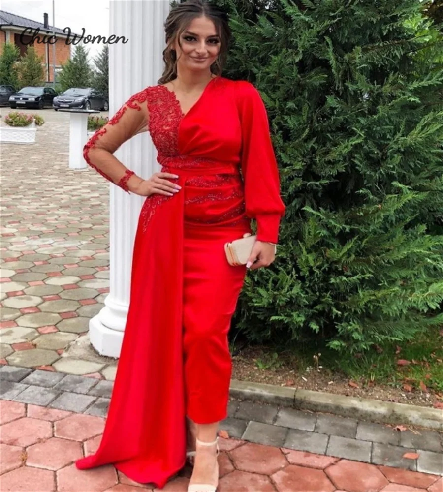 Fashion Red Dubai Arabic Evening Dress With Train Sexy V Neck Long Sleeve Appliques Lace Prom Dress Abaya Turkey Formal Party
Fashion Red Dubai Arabic Evening Dress With Train Sexy V Neck Long Sleeve Appliques Lace Prom Dress Abaya Turkey Formal Party