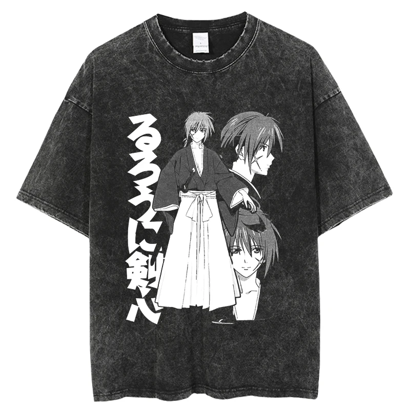 

2023 Rurouni Kenshin Hip Hop Streetwear Washed T Shirt 2023 Harajuku Tshirt Summer Short Sleeve T-Shirt Cotton Casual Tops Tees
