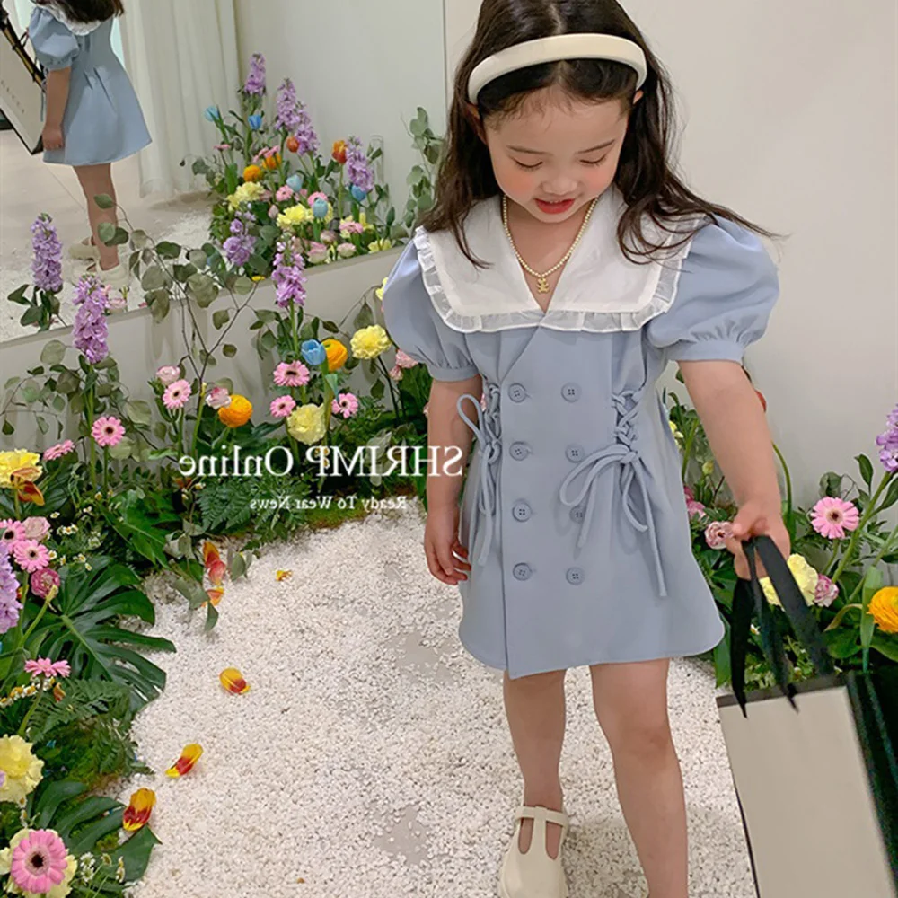 

Cute Baby Girls Puff Sleeve Bandage Dress Summer Lace Turn Down Collar Korean Style Kids Blazer Dresses Party Children Clothes