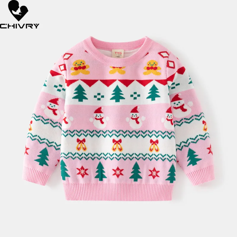 

Kids Cartoon Christmas Snowman Jacquard Knitted Jumper Sweaters New 2023 Autumn Winter Baby Girls Round Neck Pullover Sweater