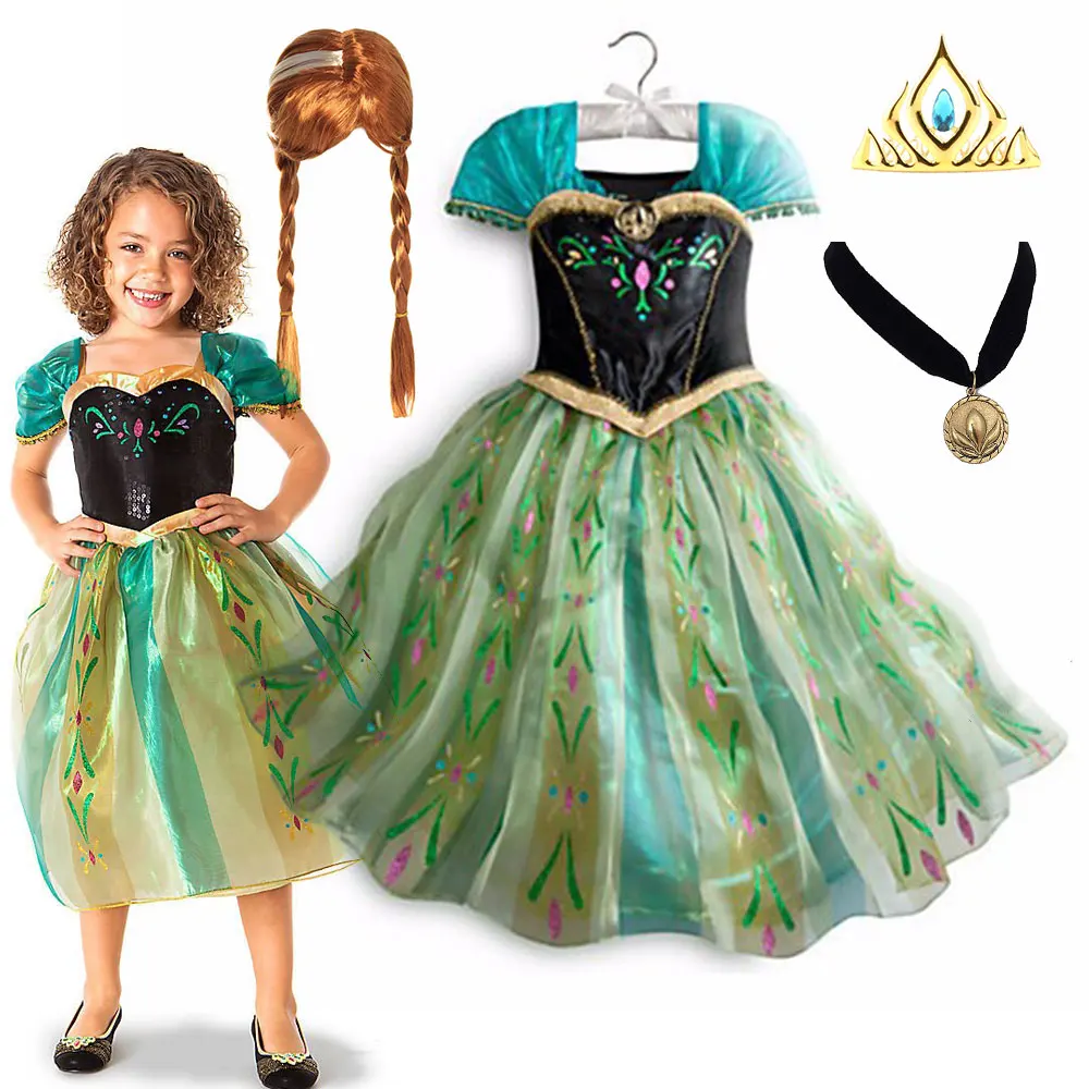 

DISNEY Frozen Movie Princess Cosplay Girls Floral Green Anna Dress Summer Fancy Kid Fairy Snow Queen Anna Costume Halloween Gown
