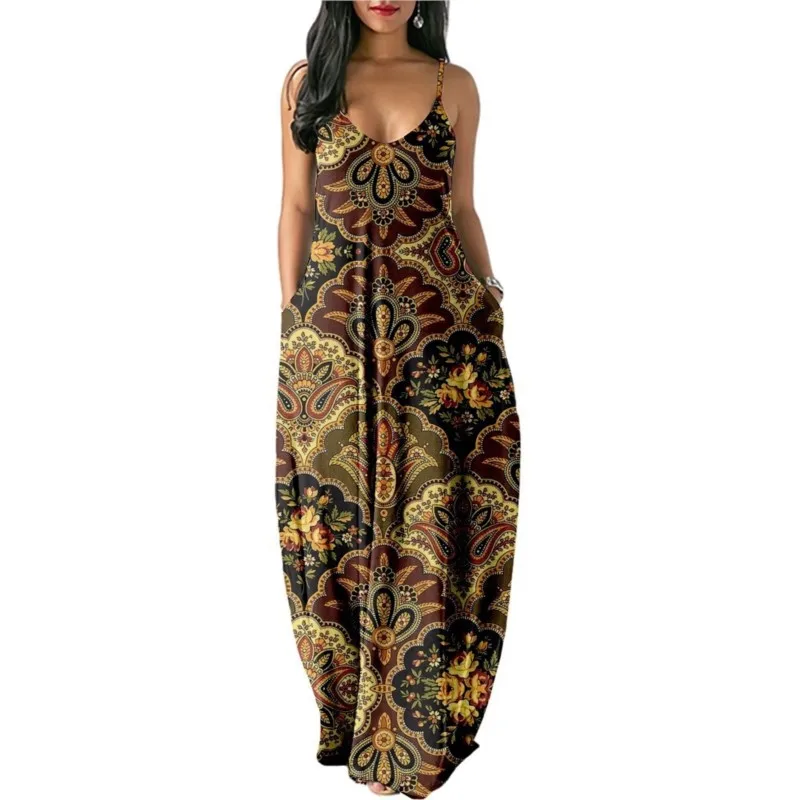 

2023 new fashion women's suspender dress medieval retro camouflage cashew flower cultural print ethnic style ladies retro dress