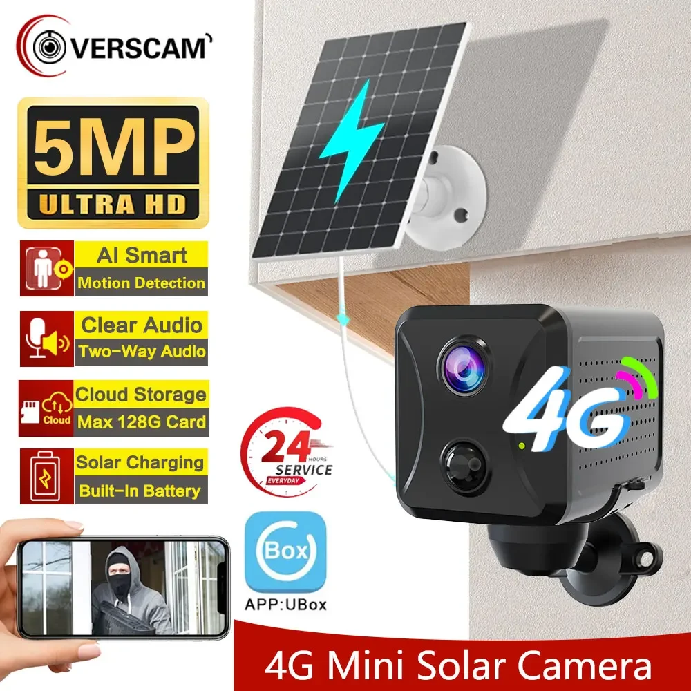 

4G SIM Card 5MP Mini Solar Panel Camera Outdoor PIR Detection CCTV Security Wireless Rechargeable Battery Long Time Standby Cam