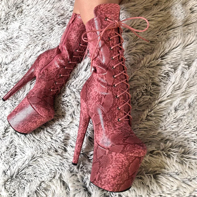 

20cm Super High Heels Snake Print Ankle Boots Platform 8Inches Sexy Fetish Stripper Lace Up Pole Dance Shoes Nightclub Fashion