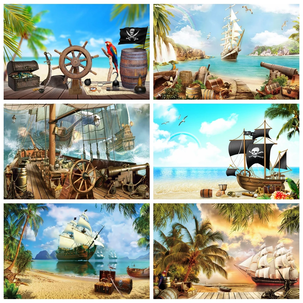 

Pirate Theme Backdrops Old Treasure World Map Sailboat Birthday Party Baby Portrait Photographic Background Banner Photo Studio