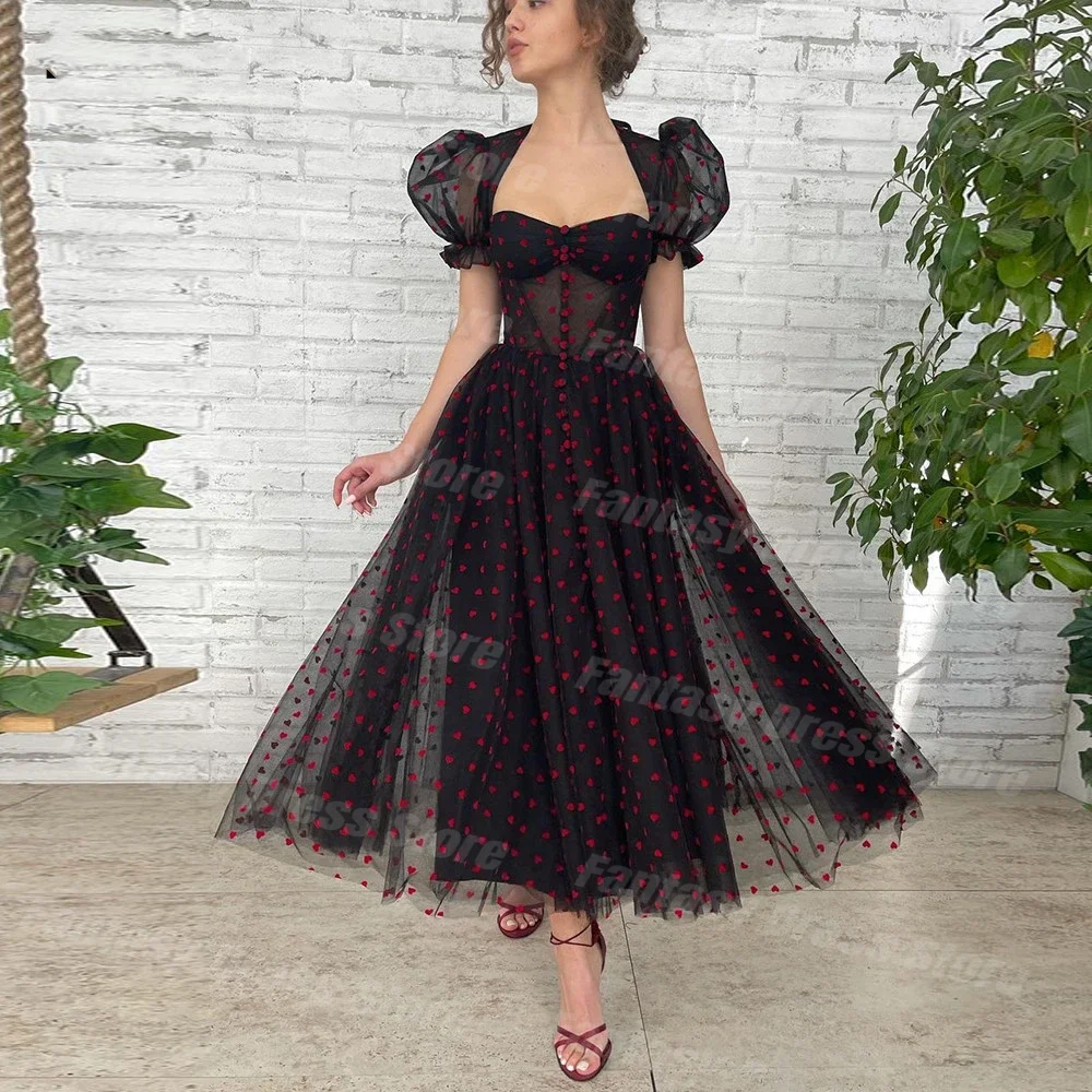 Sweet Black Chiffon Red Little Love Print A-line Prom Dresses Bubble Short Sleeve Sweetheart Tulle Backless Evening Dresses
Sweet Black Chiffon Red Little Love Print A-line Prom Dresses Bubble Short Sleeve Sweetheart Tulle Backless Evening Dresses