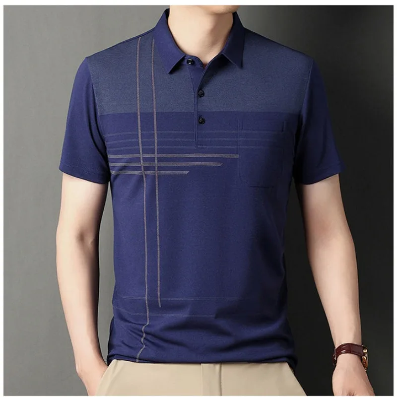 

2024 Men's Summer Spliced Turndown Collar Pocket Stripes Business Leisure Fashion Versatile Short Sleeve T-shirt Polo Shirt