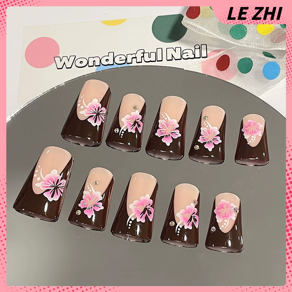 

24PCS Handwork Brown Duck-bill Shape Y2K French Wearable Press on Nails Flower Design Detachable Party Gift Full Cover Nail Tips