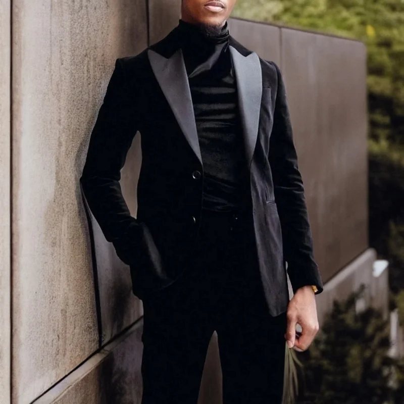 

Облегающий бархатный мужской костюм с лацканами, Черный Пик, свадебный смокинг, комплект из 2 предметов для шафера, официальный пиджак и брюки, модная одежда для выпускного вечера