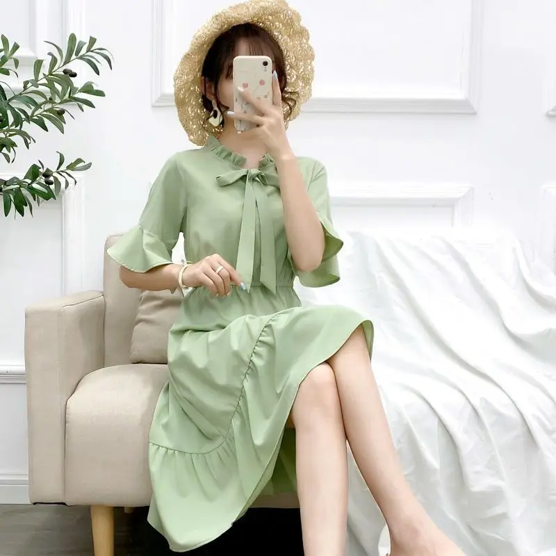 

Women's Sweet Ruffle Sleeve Bowknot Collar Midi Dress Summer 2022 Korean Preppy Style Student Chic Dresses Lady Graceful Clothes