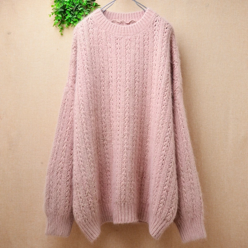 

Женская осенне-зимняя одежда, пушистый толстый теплый вязаный пуловер из ангорской шерсти с длинными рукавами и круглым вырезом, свободный свитер, джемпер