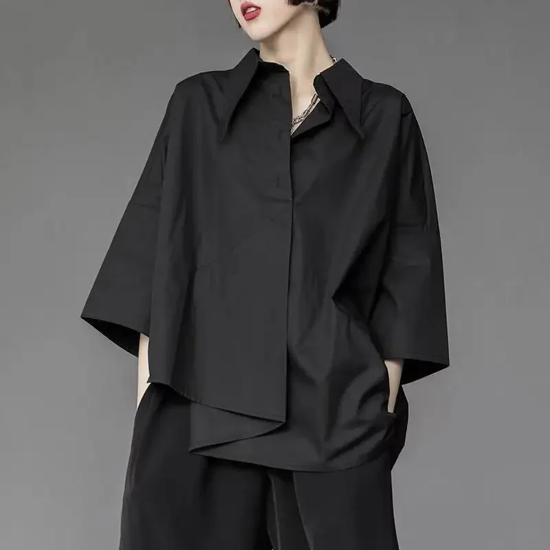 

Y2K Women Chiffon Black Shirt Gothic Fashion Streetwear Loose Tops Dark Academic Irregular Casual Three Quarter Female Blouse